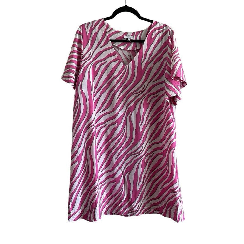 Voy Women L Pink Animal Print Stitch Detail Short Sleeve V-Neck Shift Dress